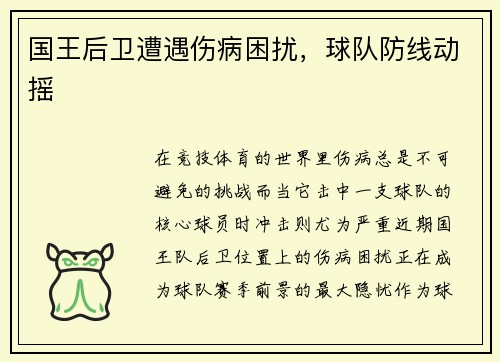 国王后卫遭遇伤病困扰，球队防线动摇